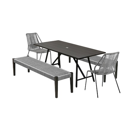 Armen Living Koala Clip and Camino 5 Piece Outdoor Dining Set in Dark Eucalyptus with Gray Rope 840254333819